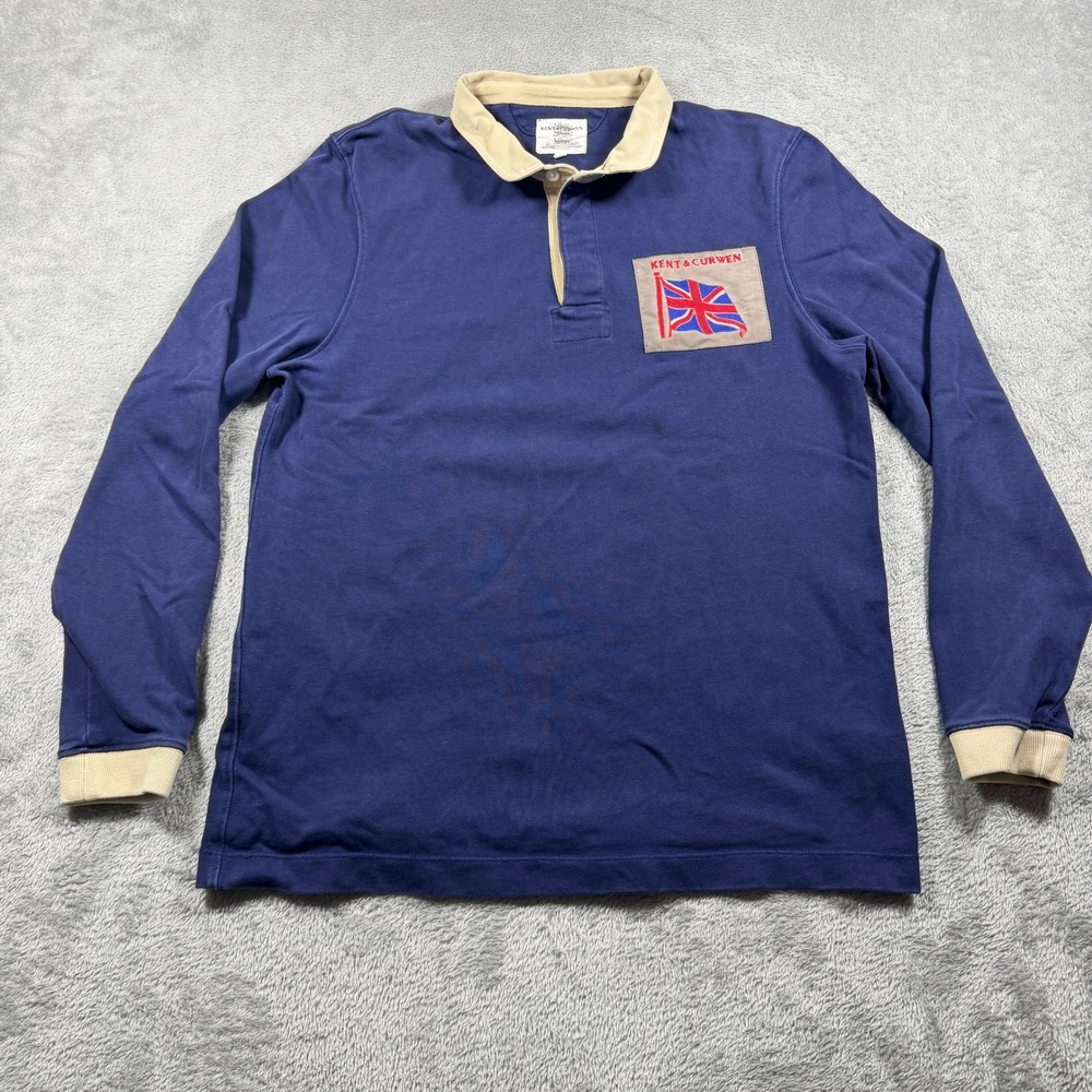 Kent & Curwen Rugby Shirt Mens Medium Blue Solid David Beckham Patch